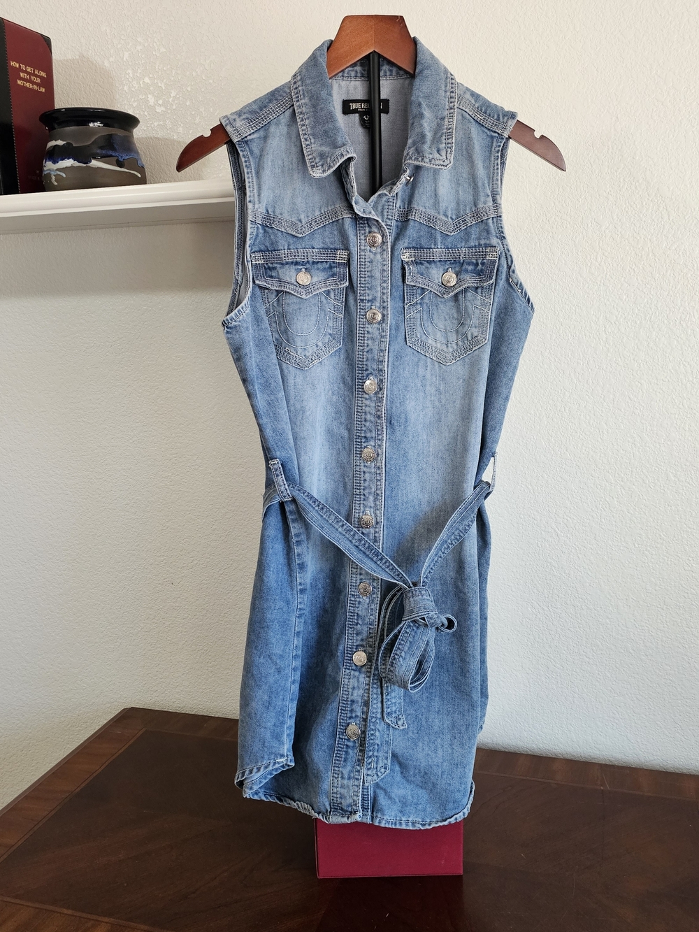 True Religion Light Blue Sleeveless Denim Belted Georgia Shirt Dress, Small/P